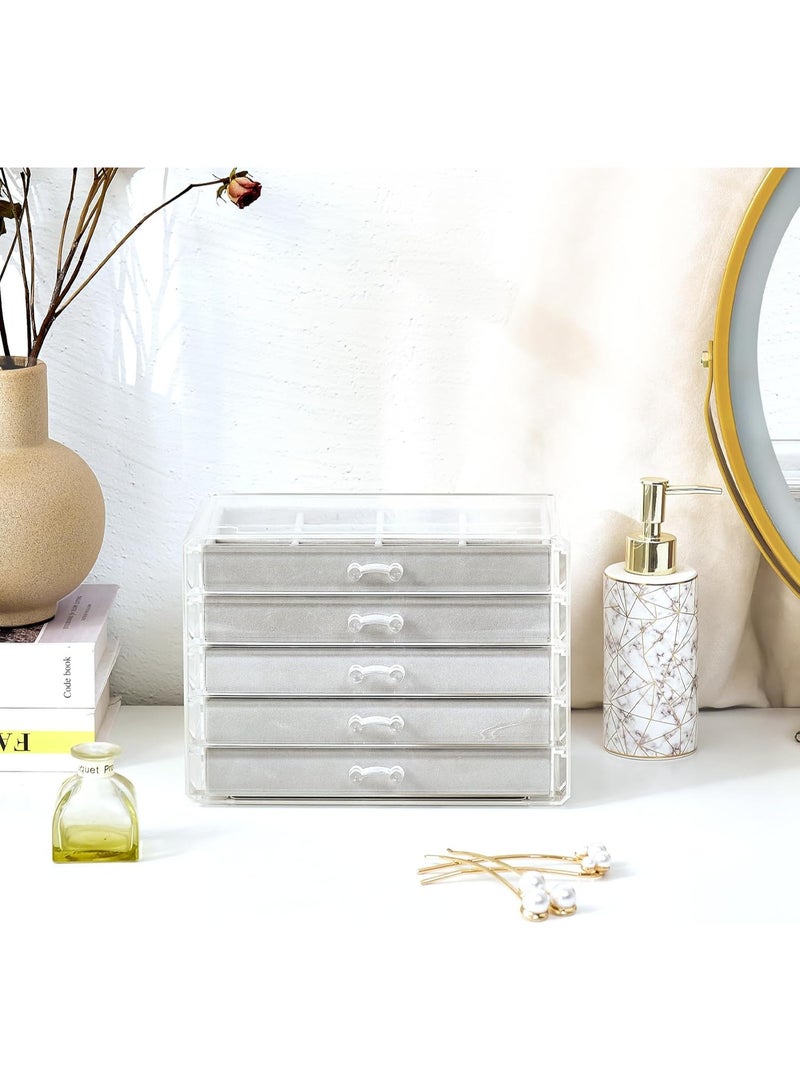 Bukela Earring Holder Organizer Jewelry Box with 5 Drawers, Acrylic Clear Earring Case with Adjustable Velvet Trays for Women - Grey, 5 Layers - Image 4